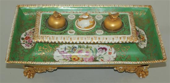 A Paris porcelain Empire style inkstand, second half 19th century, 30.5cm, wear to gilding